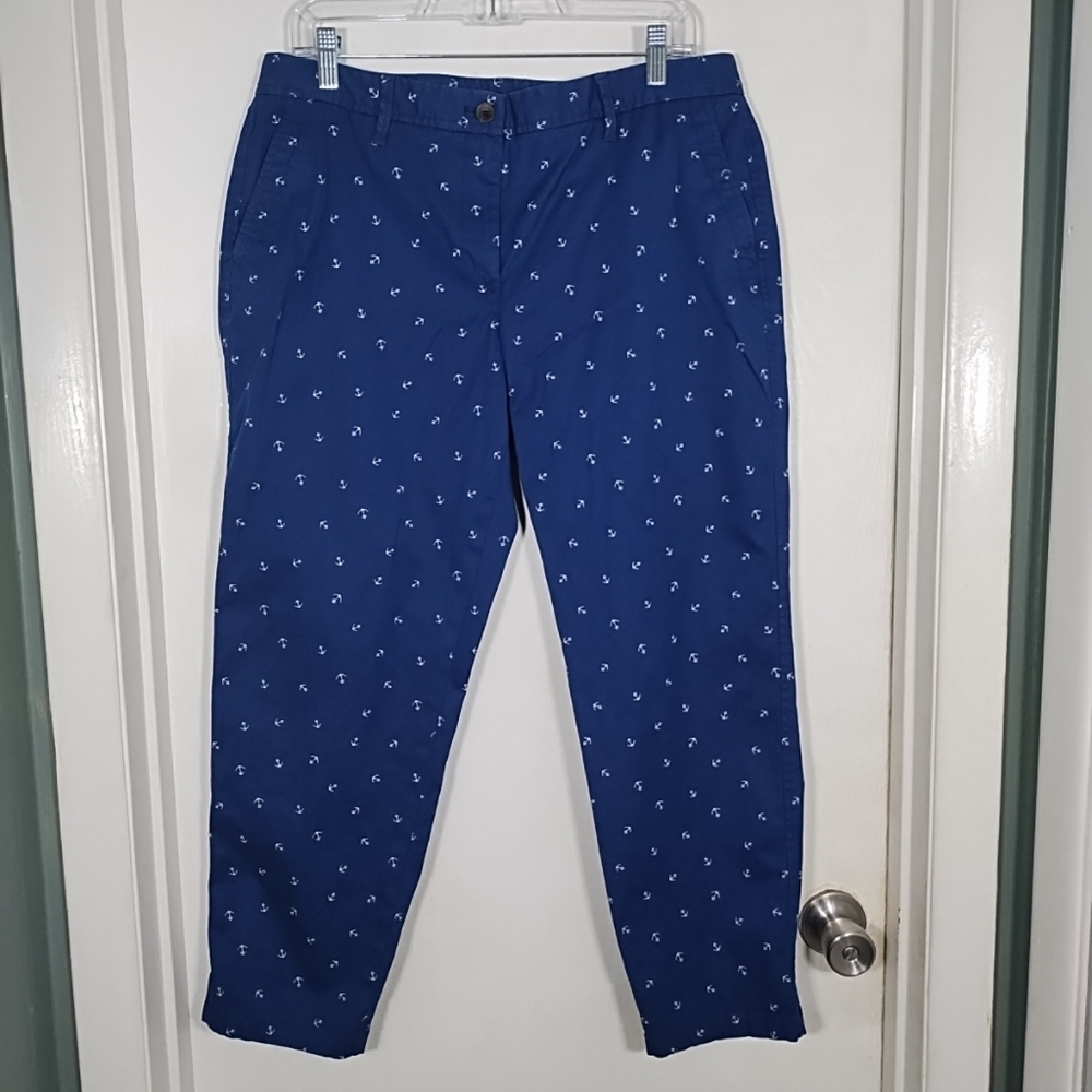 Talbots Relaxed Chino Pants Women's 12P Navy Blue Nautical Anchor Cotton